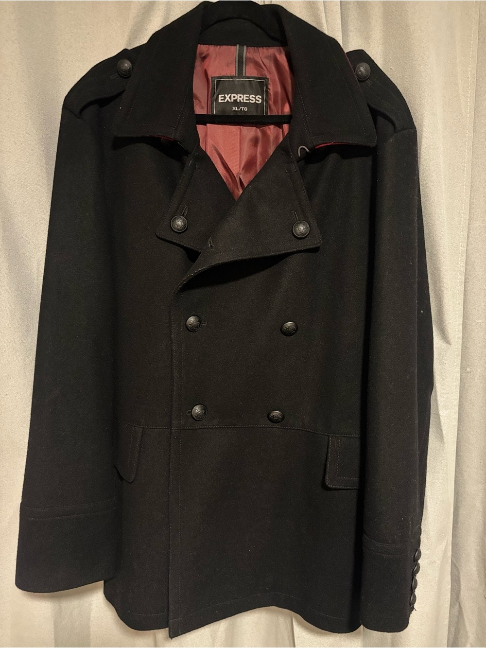 Express Black Double-Breasted Peacoat with Burgundy Lining